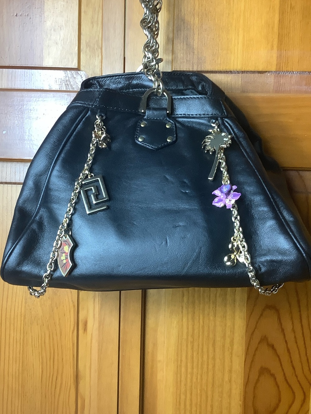 Versace for H&M Black Leather Shoulder Bag with Gold Chain and Charm Accents